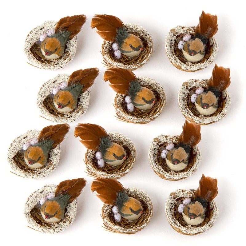 Bulk Pack of 12 Artificial 2″ Female Cardinals in 1-3/4″ Snowy Nests