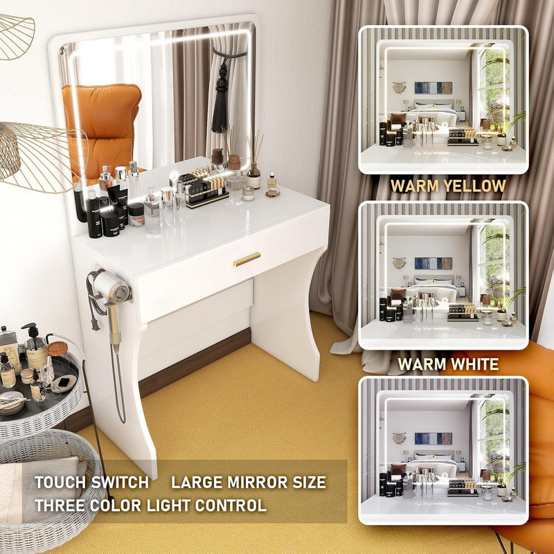 Vanity Desk, Makeup Vanity with LED Light Mirror, Small White Vanity with a Supe gallery