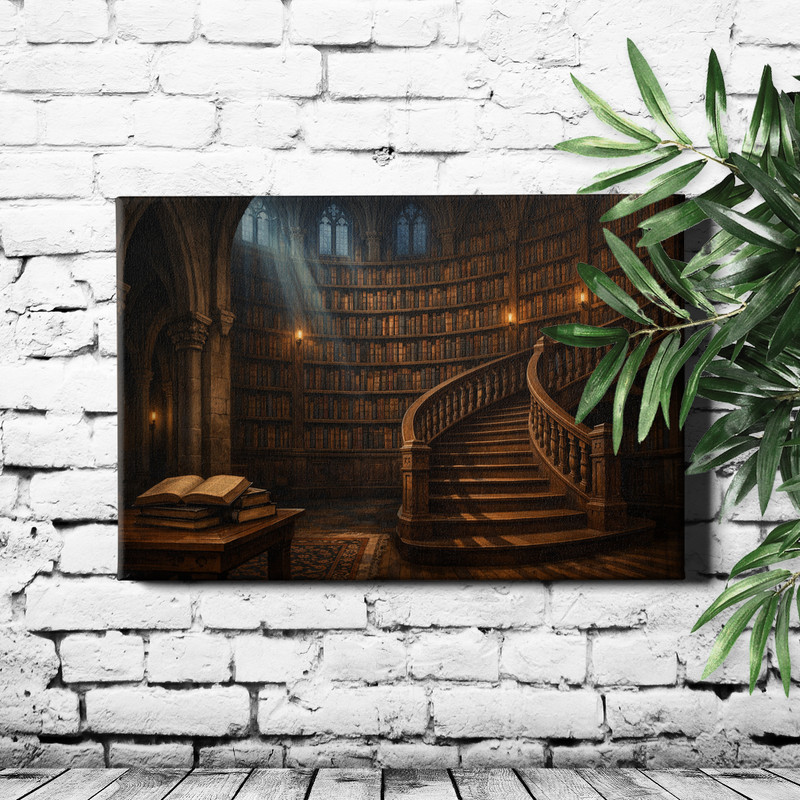 Gothic Library Interior Wall Art Grand Staircase Towering Bookshelves