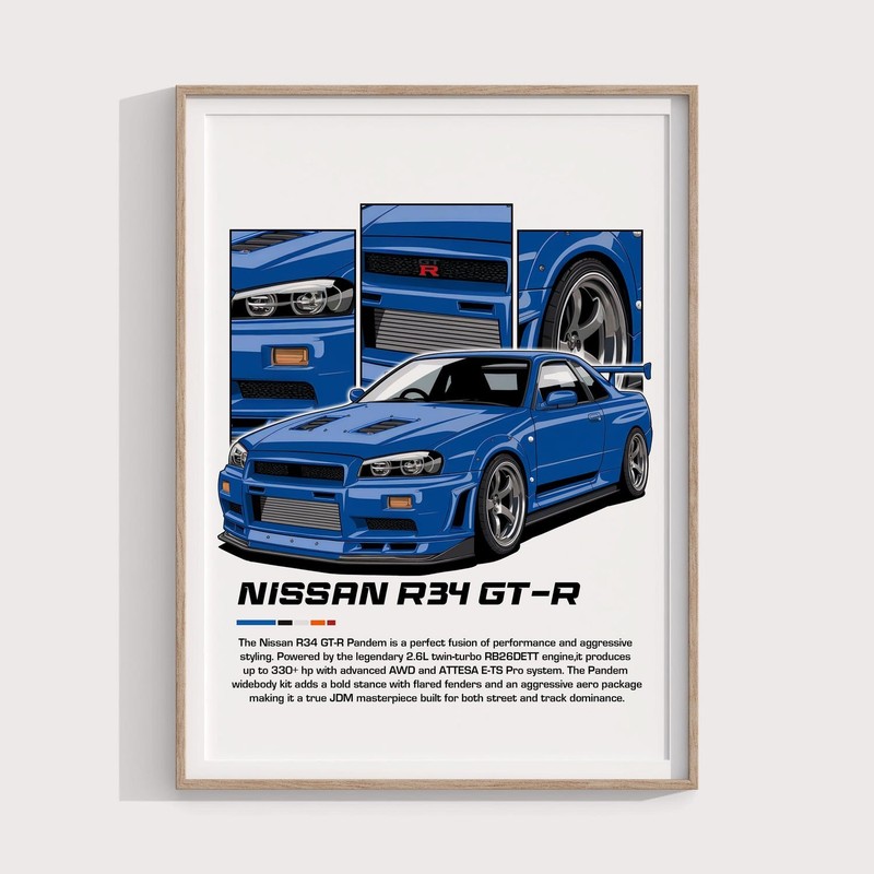 Nissan GT-R R34 Poster, JDM Skyline Car Wall Art Garage Decor