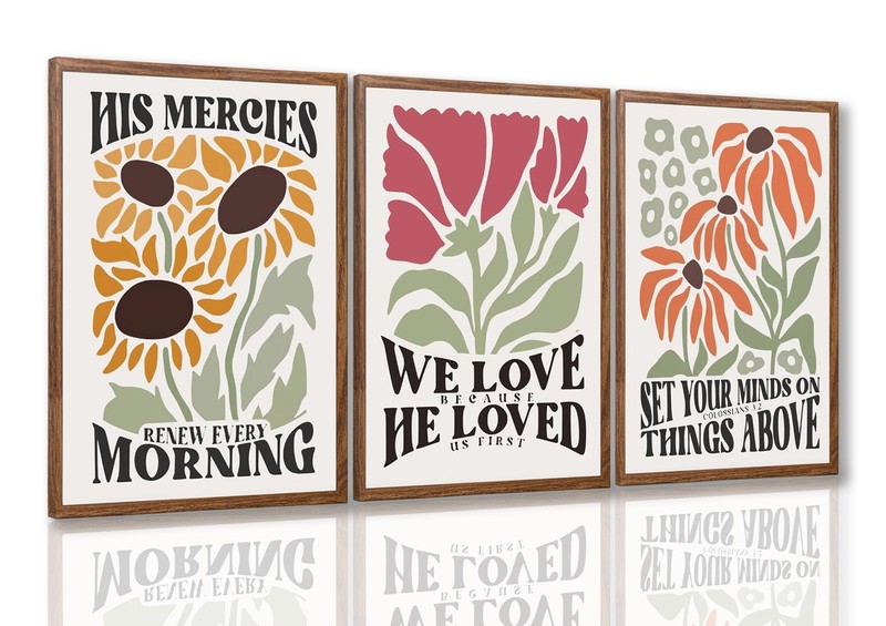 Framed Christian Bible Scripture Wall Art Set of 3, Flower Marke Pictures Wal…