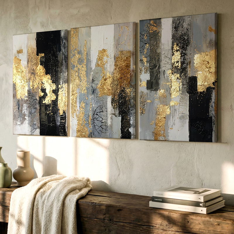 3 Pieces Luxurious Modern Abstract Gold Black Large Wall Art Canvas Set Of 3