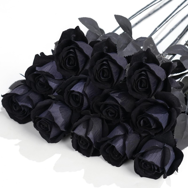 Tregefly 12 Pcs Black Roses Artificial Flowers with Long Stem, Faux Silk Rose Bo