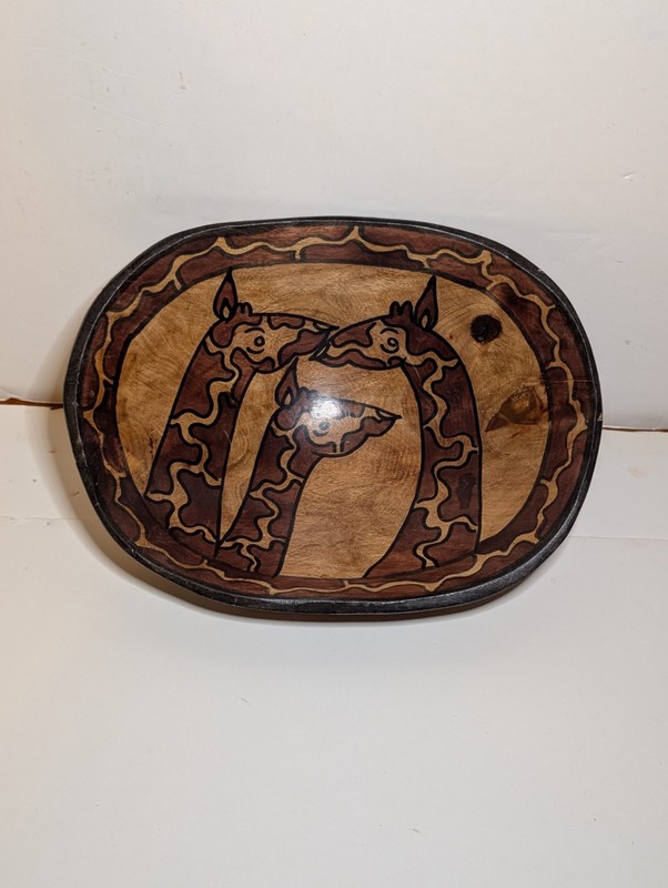 Hand Carved & Painted Wood Bowl Giraffes African Design Oblong Lightweight