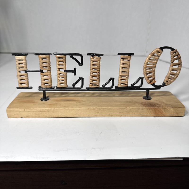 NWT HELLO Sign Office Desk Table Decor Black Metal Wicker Rattan Pine Wood 10″L