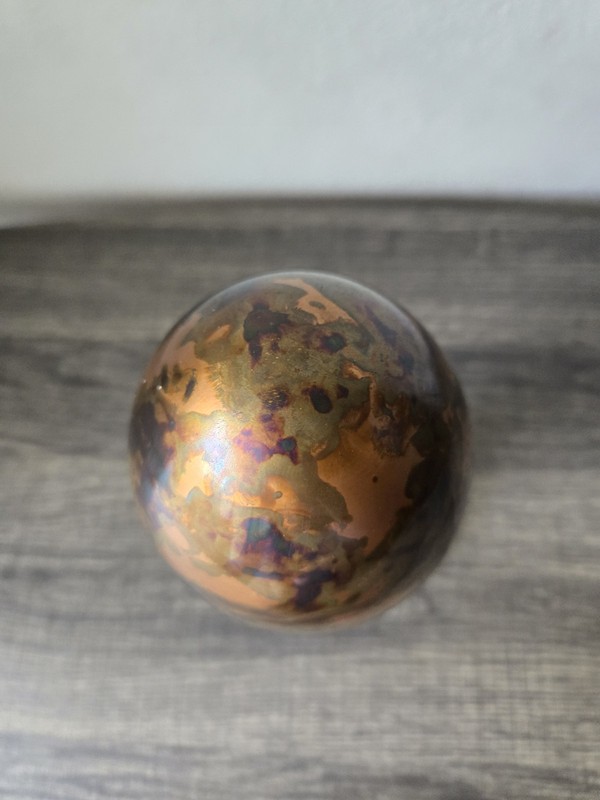 Vtg MCM Brass Egg Sculpture 8.5" - Flame Patina Iridescent Rainbow India 2lb+ gallery