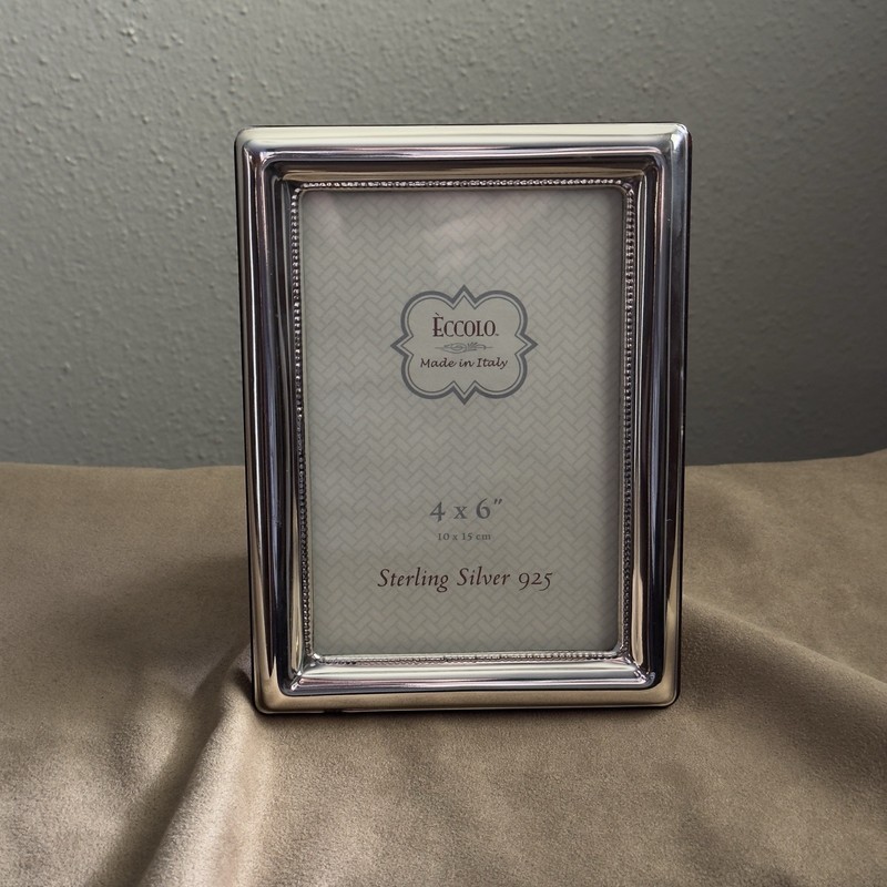 Eccolo Sterling Silver 925 Photo Frame Italy 4×6 Wood Back Classic Beaded Round