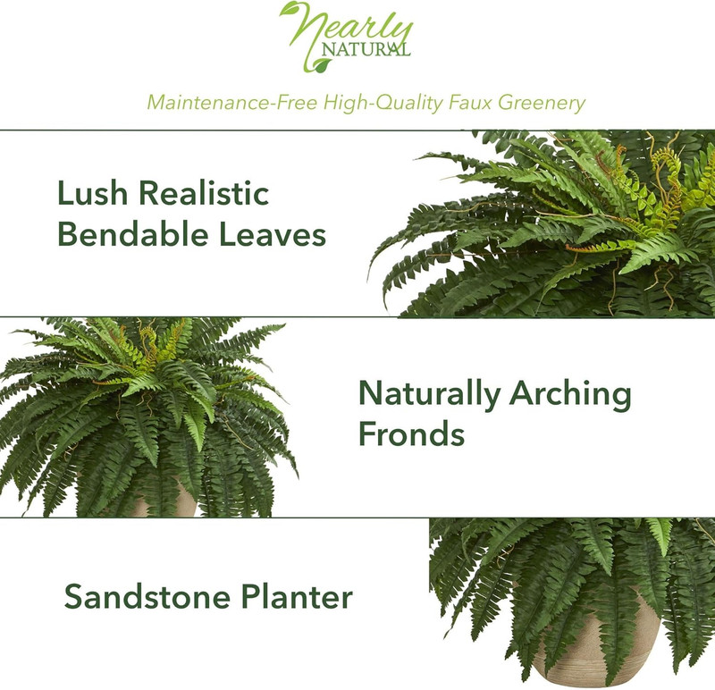 22" Boston Fern Artificial Plant in Sandstone Planter, Green gallery