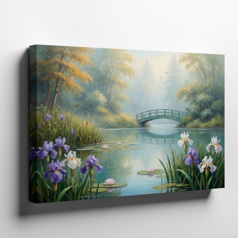 Serene Lake with Purple and White Iris Flowers and Small Bridge Canvas Wall Art