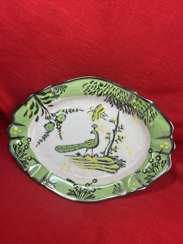 Anthropologie Trinket Dish Peacock Green White 7.5” X 5.5” Oval Silver Trim