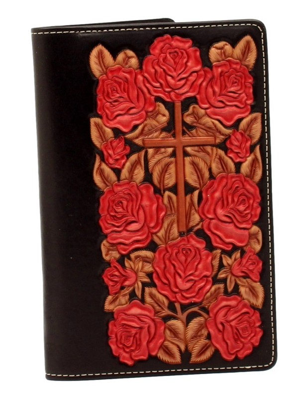 Nocona Western Bible Cover Floral Rose Cross Tooled Black 0651101