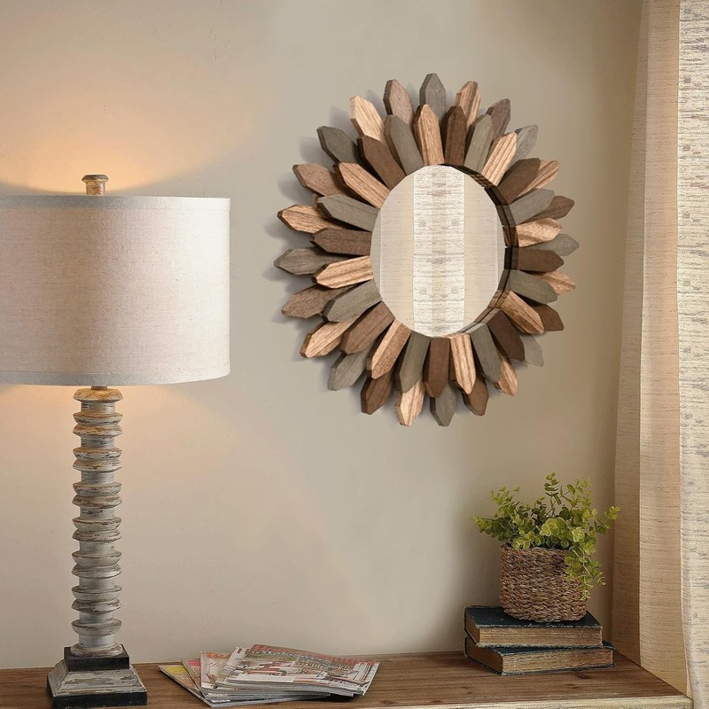 Boho Wall Decor 12 inch Decorative Mirror with Rustic Wood Sunburst Frame gallery