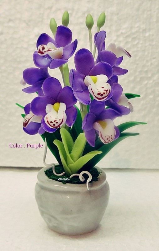 US Stock 4"H Handmade Air-Dry-Clay-Crafted Cymbidium Orchid Arranged in Pot gallery