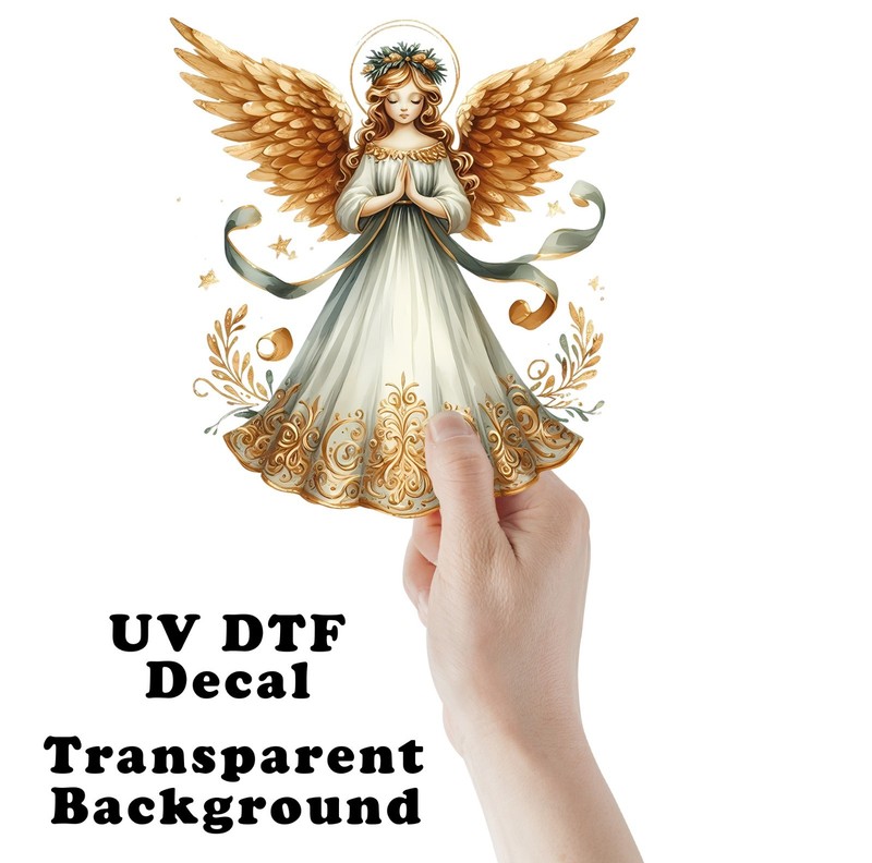 Gold Praying Angel Christmas UV DTF Transparent Sticker / Decal