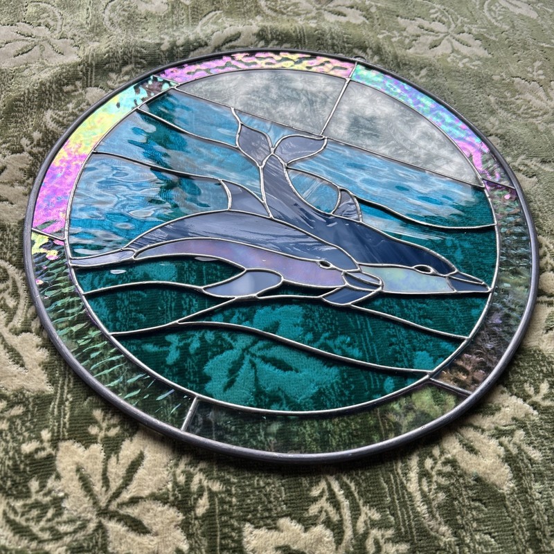 Stained Glass Dolphins Iridescent Blue Window Sun Catcher 13" Diameter gallery