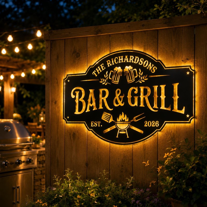 Personalized Bar and Grill Sign With Led Light, Home Bar Decor, Backyard BBQ