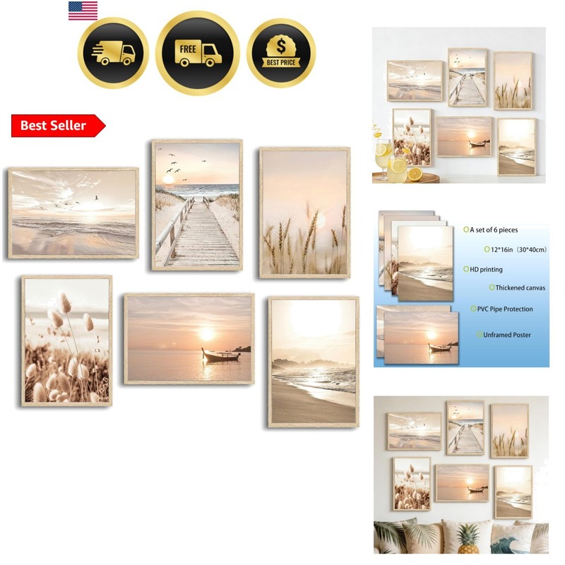 Beach Wall Art Boho Coastal Wall Decor, Neutral Beige Ocean Beach Pictures Wa…