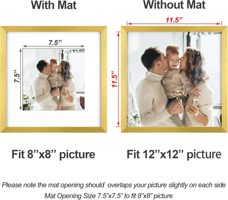 Gold 12x12 Picture Frame Set of 9 for Gallery Wall, 8x8 with Mat gallery