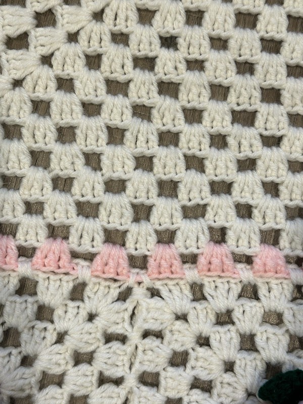 Vintage Handmade Crochet Afghan Throw Blanket White 3D Pink Roses Cottage Core gallery