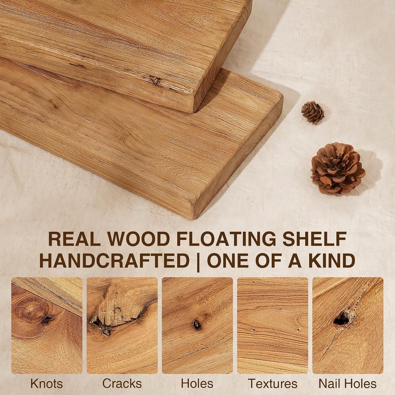 Solid Elm Wood Floating Shelves, 18" W x 8" D Floating Shelf Wall Mounted, 8 gallery