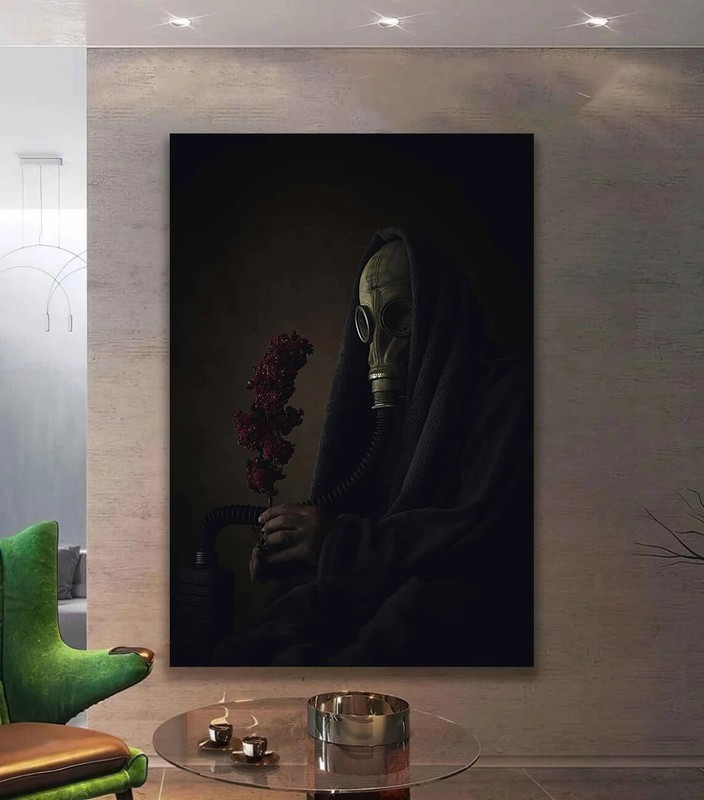 Sitting Gas Masked Man and Giving Dark Flower Wall Art Canvas Unframed Print Art