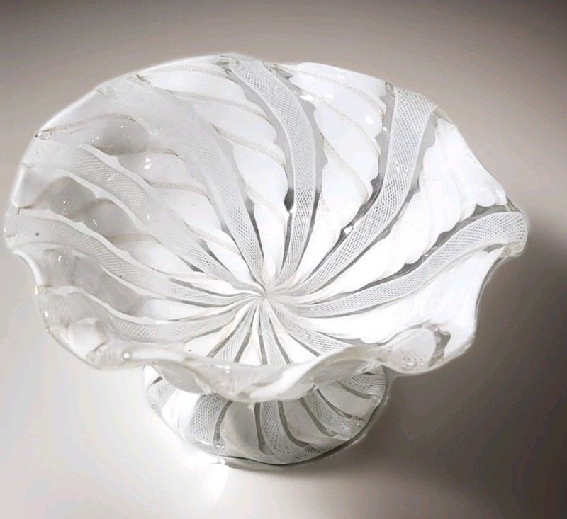 Italian Murano Style White Ribbon Swirl Art Glass Pedestal Candy Dish Co Vintage gallery