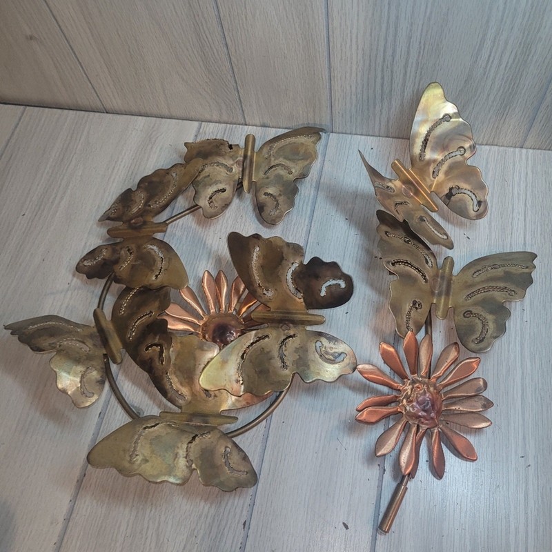 Vtg Brass Copper Butterfly & Daisy 2 Piece Gallery Wall Art Decor MCM Farmhouse gallery