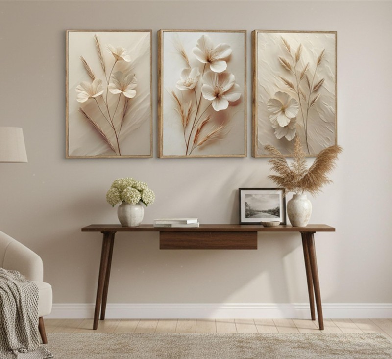 3Pcs Neutral Beige Floral Botanical Poster Wall art Modern Simple Texture Flo... gallery
