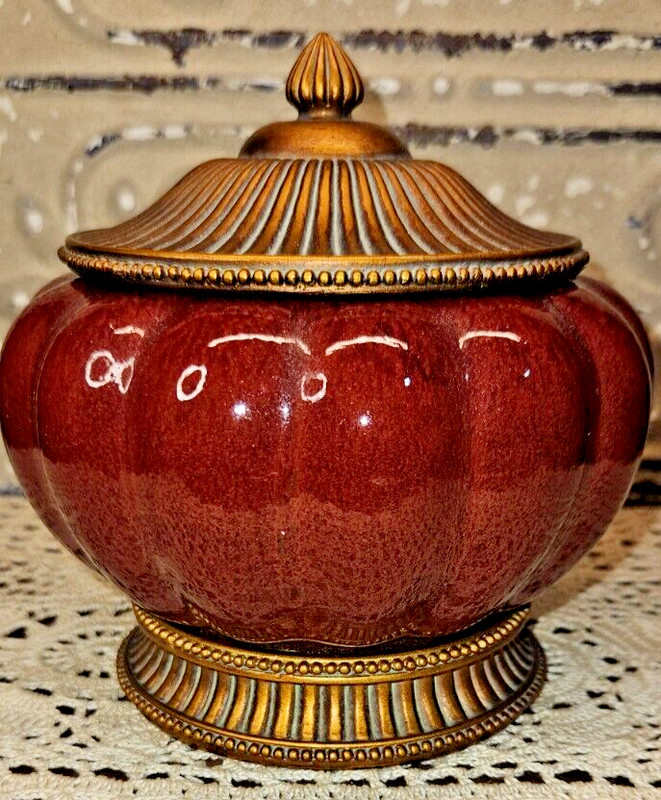 Burgundy Moroccan Style Ceramic Bowl Canister w/ Finial Handled Lid