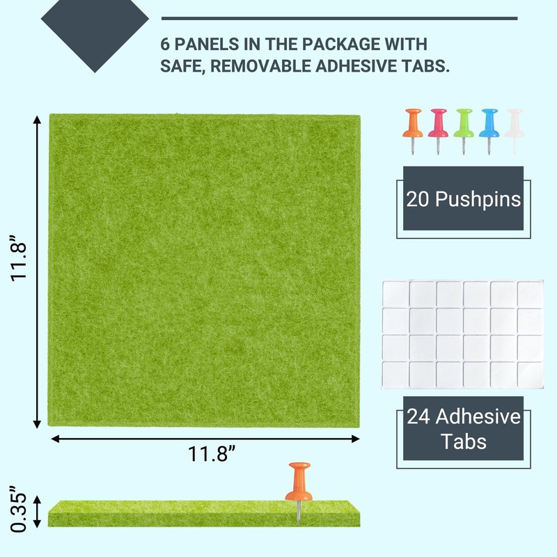 6 PCS 24x36 Inch Grass Green Felt Wall Tiles Cork Bulletin Board 20 Push Pins gallery