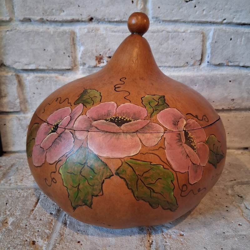 Large Hand Painted Gourd Bowl W Lid Pink Floral Folk Art Signed B Daniels