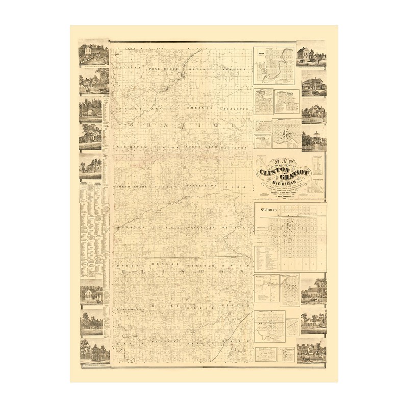 Old Map of Clinton County, MI 1864 - Vintage Michigan Art gallery