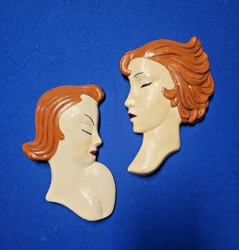 Vintage Chalkware Lady Head Wall Plaques Pair Art Deco Style Mid Century