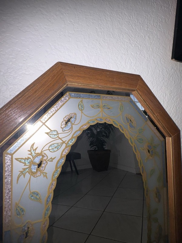 Vintage 80's Octagonal Floral Etched Mirror Retro Stained Glass Wood Frame Pink gallery