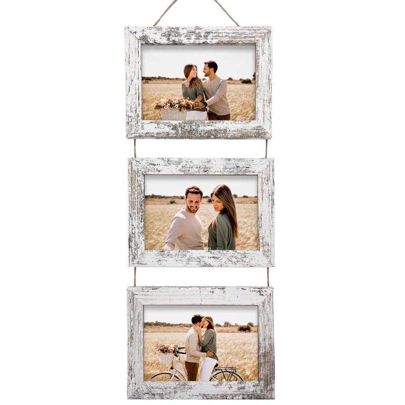 Rexllon 4×6 Wall Hanging Picture Frames Collage with 3 Opening Distressed White
