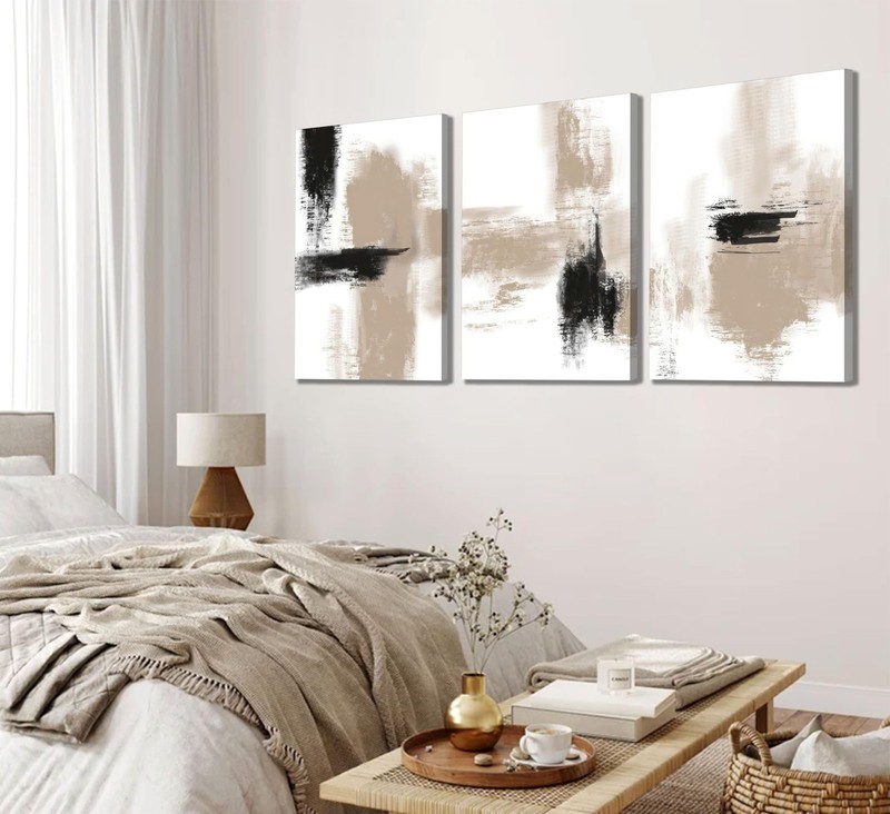 3Pcs Neutral Abstract Canvas Wall Art Black Beige Picture Wall Decor Modern M... gallery