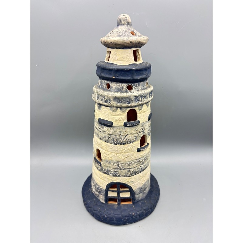 Nautical Coastal Ceramic Lighthouse Candle Holder Tealight Lantern Terracotta