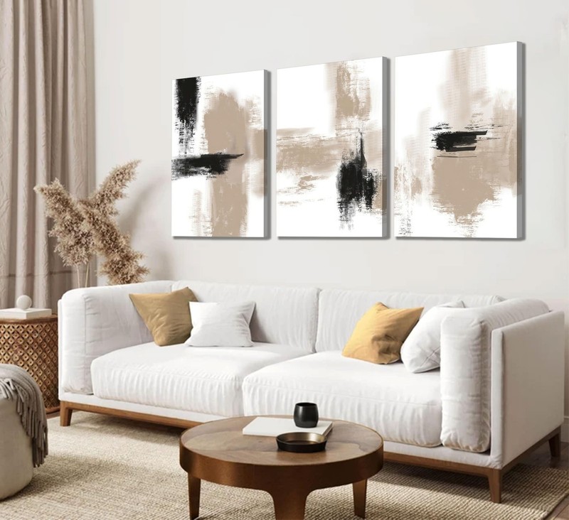 3Pcs Neutral Abstract Canvas Wall Art Black Beige Picture Wall Decor Modern M... gallery