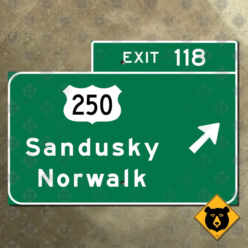 Ohio Turnpike Sandusky Norwalk US 250 exit 118 highway freeway road sign 14×10