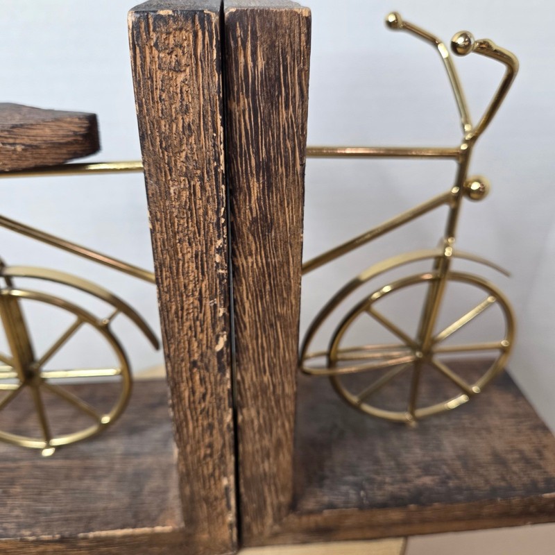 Vintage Bicycle Bookends Wood and Gold Tone Metal Bike Distressed Felt Bottom gallery