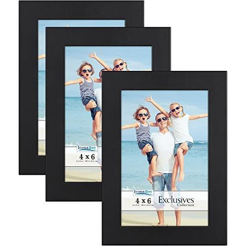 Icona Bay 4×6 Picture Frames (Black, 3 Pack), Sturdy Wood Composite Photo Frames