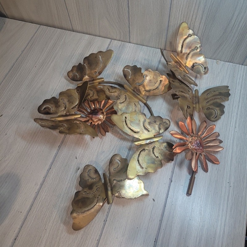 Vtg Brass Copper Butterfly & Daisy 2 Piece Gallery Wall Art Decor MCM Farmhouse gallery