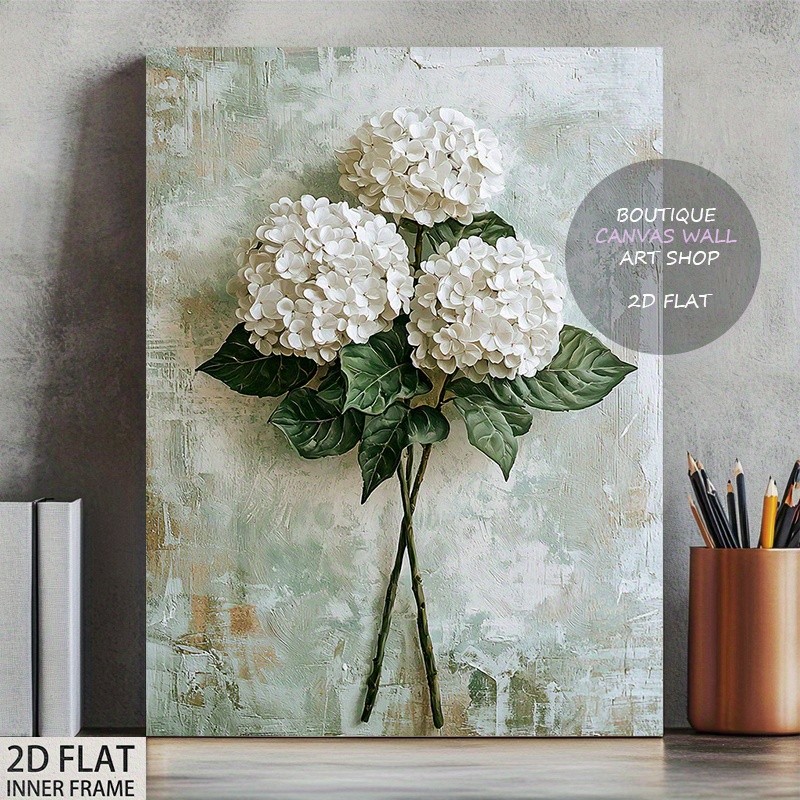 White Hydrangea Sage Green Background Canvas, Neutral Floral Entryway
