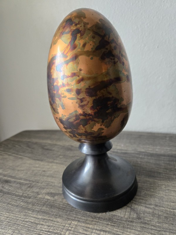 Vtg MCM Brass Egg Sculpture 8.5" - Flame Patina Iridescent Rainbow India 2lb+ gallery