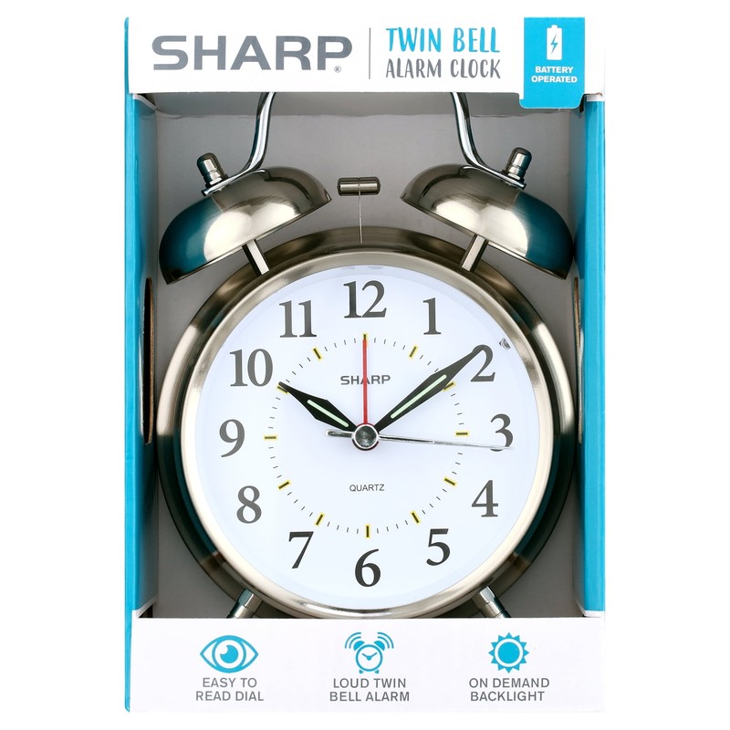 SHARP Twin Bell Quartz Analog Alarm Clock, Loud Alarm, Battery Operated