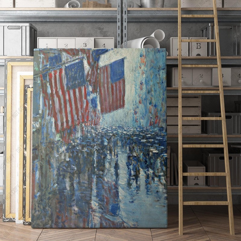 Rainy Day on Fifth Avenue Childe Hassam America Flag USA Canvas Wall Art Print