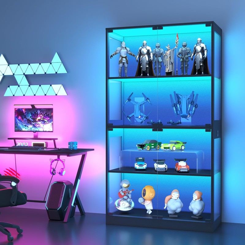 Display Cabinet with Glass Doors, 4-Tier Glass Display Case with 3 Color LED …