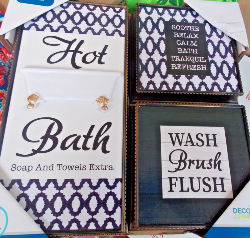 3 Wall Plaques Bathroom Decor black & White framed New, Wash Brush Flush,bath+