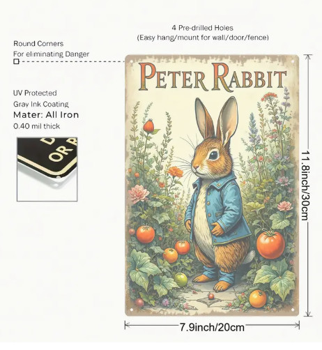 METAL ART- The Tale of Peter Rabbit Illustration, 8×12 Inch, Rustic Home Decor