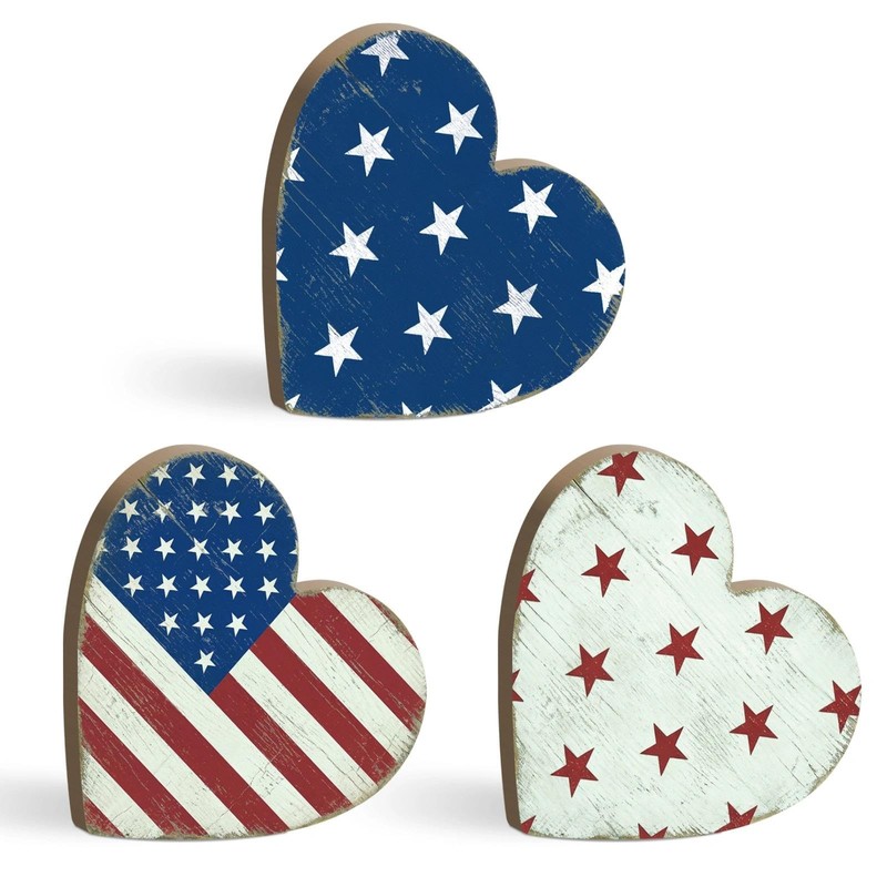 Patriotic Heart Tabletop Decor Set, Rustic Red White Blue Americana Shelf Sit…